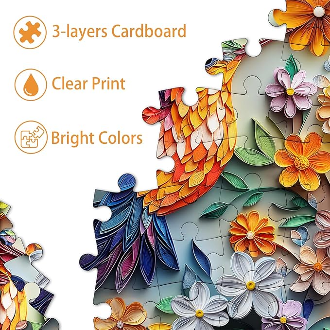 Hummingbird 1000 Piece Puzzle for Adults, PICKFORU Bird Flower Jigsaw Puzzle 1000 Pieces, Quilling Paper Cut Art Puzzles, Challenging Floral Garden Puzzle as Wall Decor