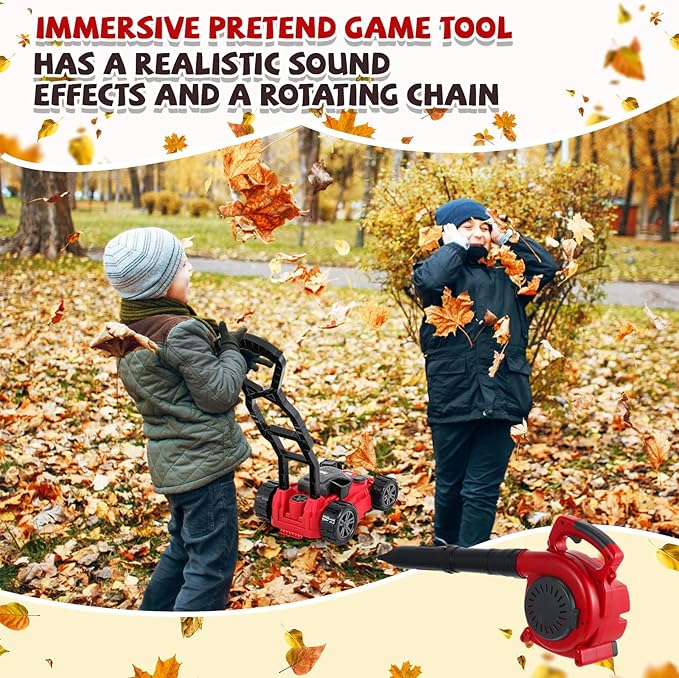 3 Pcs Toy Gardening Tool Set for Kids Toy Leaf Blower Chainsaw Push Lawn Mower Pretend Set with Lights and Sounds Christmas Birthday Gifts for Boys Girls