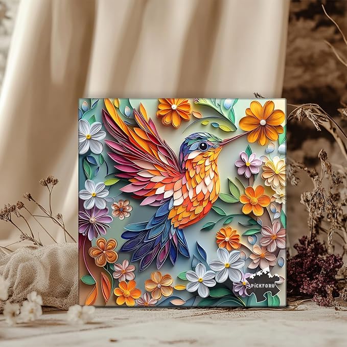 Hummingbird 1000 Piece Puzzle for Adults, PICKFORU Bird Flower Jigsaw Puzzle 1000 Pieces, Quilling Paper Cut Art Puzzles, Challenging Floral Garden Puzzle as Wall Decor
