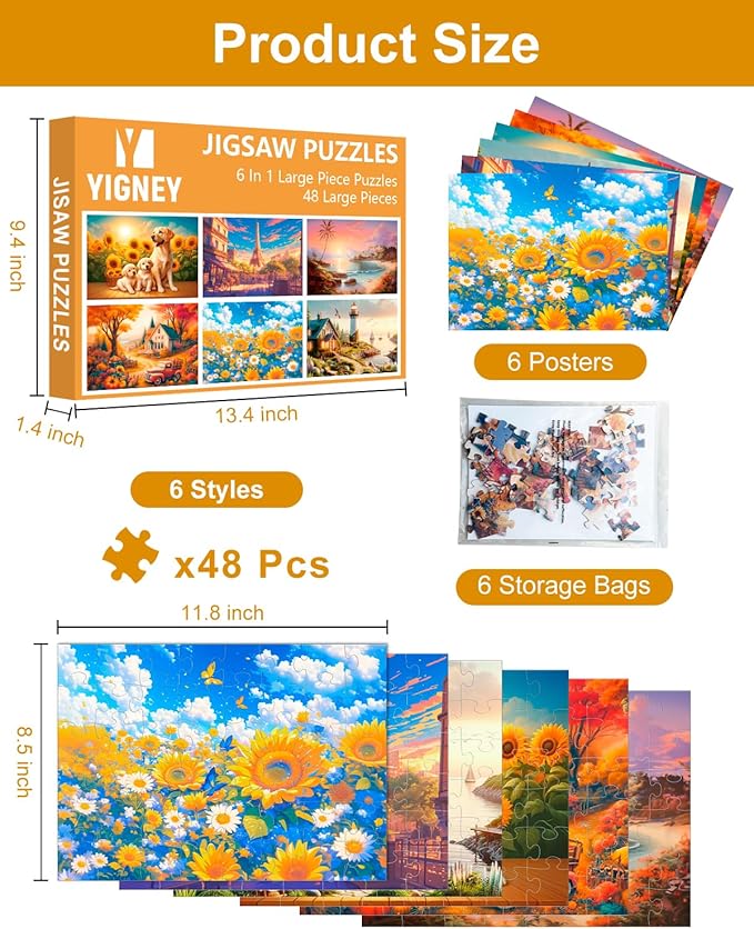 Yigney 6 Pack 48 Large Piece Jigsaw Puzzles for Seniors Alzheimer Products for Elderly Dementia Activities Memory Game for Patients in Nursing Home with Storage Box