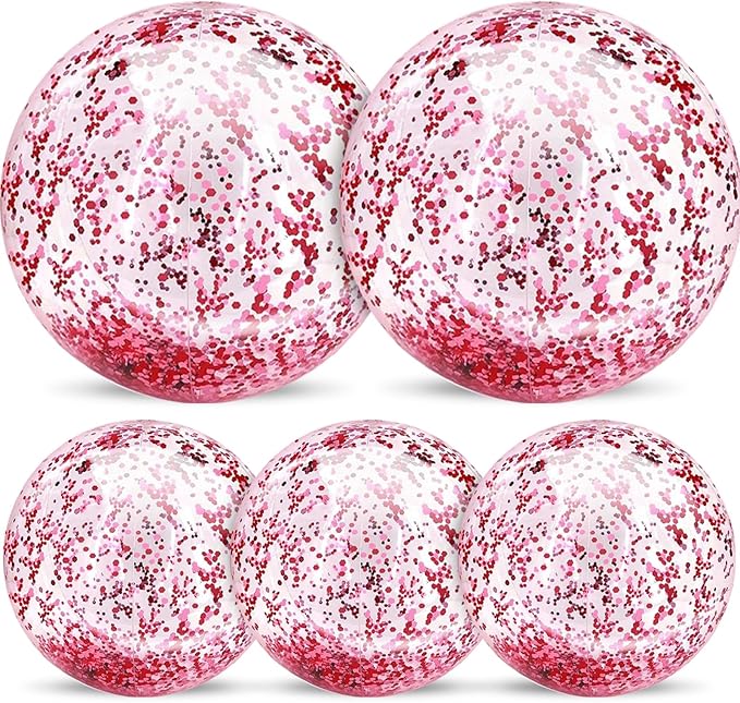 5 Pcs Inflatable Beach Balls, 16 Inch & 24 Inch Large Confetti Glitter Beach Balls, Sequins Clear Blow up Pool Balls Toys for Christmas Party Decorations 2026 New Year Birthday Summer Swimming Pool