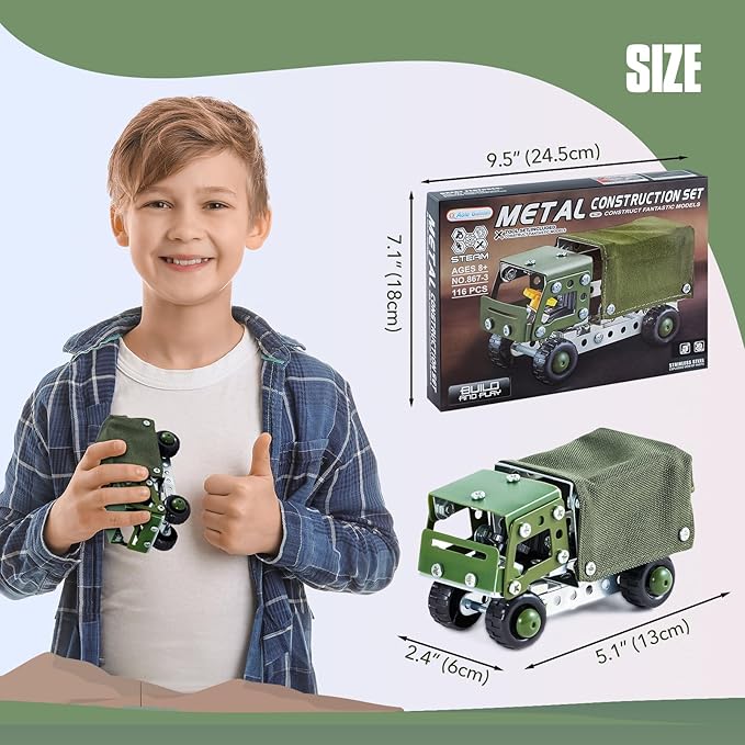 Military Truck STEM Building Toy Set for Boys Age 8-12 - Metal Army Toys Model Car Kits Set - Engineering STEM Kits or Kids 6-8, 8-10 Stem Projects Vehicles