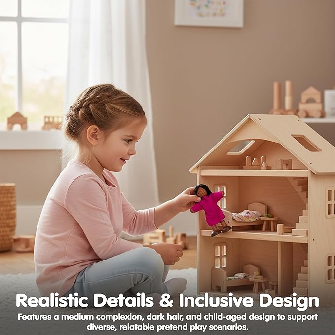 PlanToys® Girl Wooden Dollhouse Figurine | Poseable 1:12 Scale Mini Doll (4 Inch) | Dollhouse Accessories for Pretend Play | Eco-Friendly Montessori Toy for Kids Ages 3+