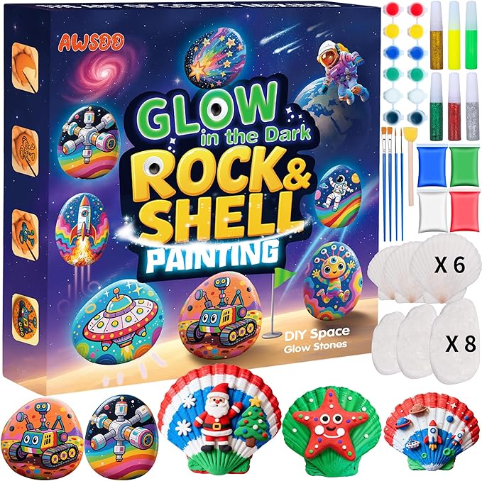 Awsoo Glow in The Dark Rock & Shell Painting Kit Arts and Crafts for Kids Ages 6-12, Kids Craft Paint Kit, Art Supplies Toy, Creative Painting Kits, Christmas Toy Gifts for Boys Girls