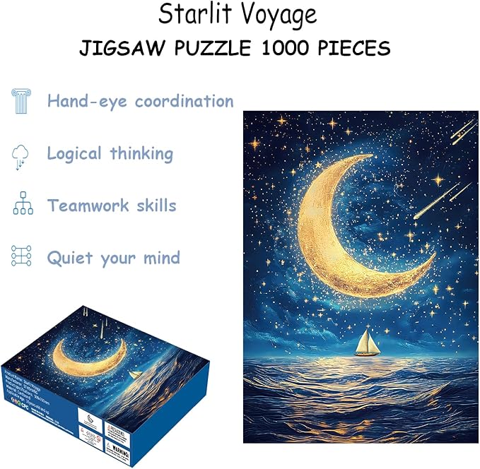 Ocean Puzzle 1000 Pieces-Starlit Voyage, Starry Night Puzzle 1000 Pieces, Moon Puzzles for Adults, Difficult Jigsaw Puzzle for Families, Finished Size 19.69 * 27.56", with 1:1 Poster