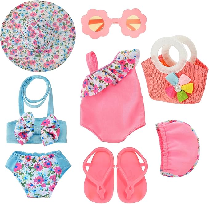 Kajaia 8 Pcs 18 Inch Doll Clothes and Accessories Summer Dolls Swimsuits Beach Playsets Include Doll Swimsuit Bikini Dress Flip Flops Hat Sunglasses Handbag Swim Accessories for 18 Inch Girl Dolls