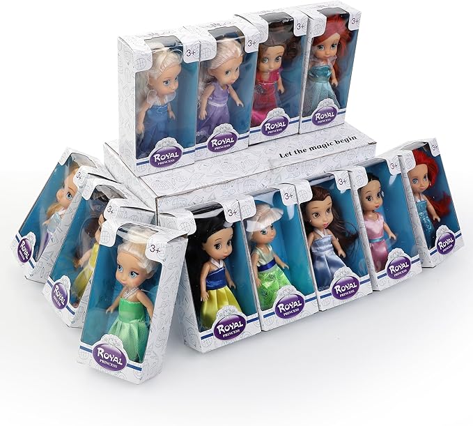 Liberty Imports 12 Pack Little Royal Princess Dolls - Mini Pocket Size Toddler Toys Fantasy Pretend Play Set with Dress, Accessories for Kids, Girls Dollhouse, Party Favors (5-inches)