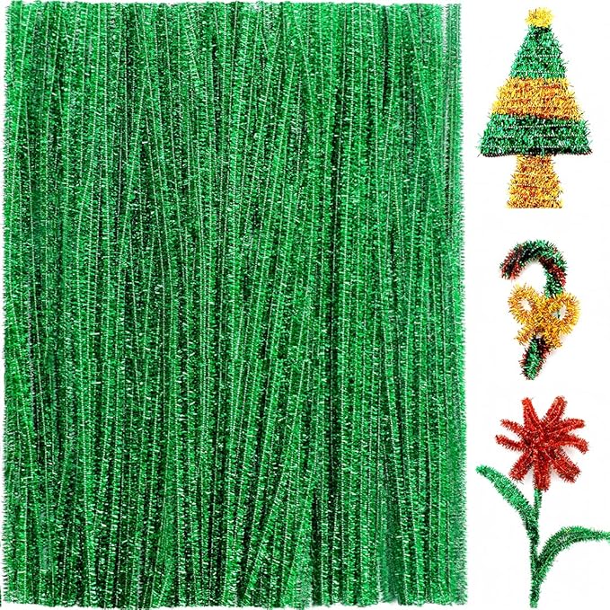 Praisebank Green Glitter Pipe Cleaners for Crafts, 200pcs, Chenille Stems for DIY Projecets, Arts & Crafts Supplies for Festival Party Decorations