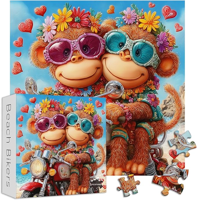 PICKFORU Cute Monkey Jigsaw Puzzles 1000 Pieces, Summer Seaside Motorcycle Puzzles for Adults, Funny Beach Bikers Puzzle