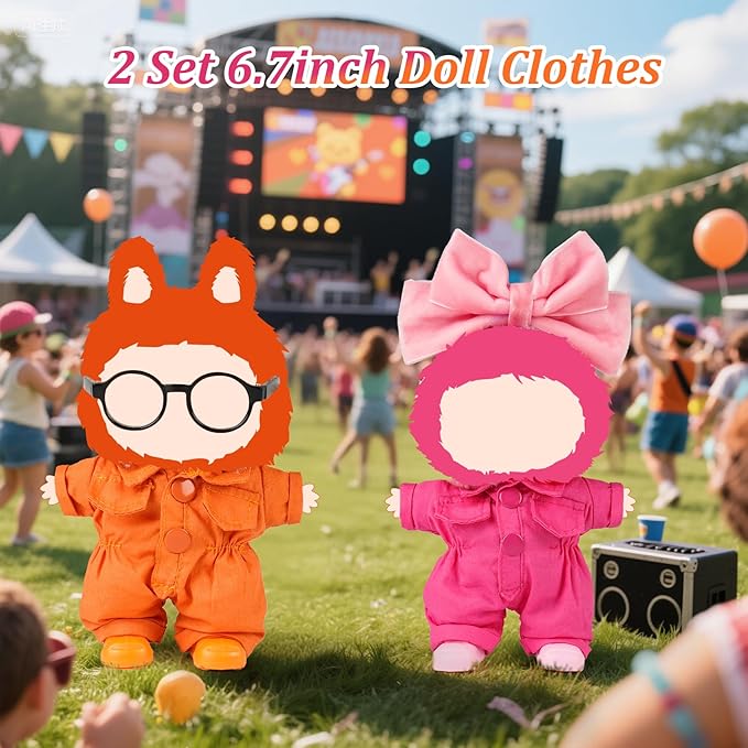 2 Set 17cm Doll Clothes Accessories,Doll Outfits for 17CM/6.7inch- Pink Butterfly hairbow+Glasses+Pink & Orange Overalls+Shoes