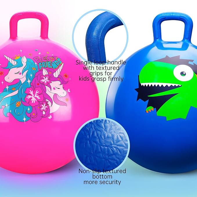 ZOOJOY Hopper Ball 2 Pack, 18 in Bouncy Ball with Handle for Kids, Unicorn & Dinosaur Girls Boys Toys Indoor Outdoor, Best Easter Basket Stuffers Gifts for 3 4 5 6 7 8 Yr Old Active Play Toys