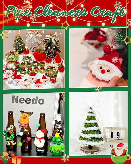 473 Pcs Christmas Pipe Cleaners Craft Set（Various Accessories）,Christmas Craft Kit with Wooden Rings,Card Paper,pom poms,Pearls for DIY Decorations,Christmas Party Supplies & Creative Gift