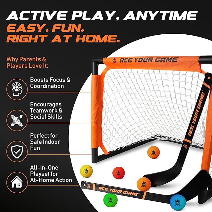 ACE HOCKEY - Shinny Hockey Set - Complete 4-Player Indoor/Outdoor Kit - Knee Hockey Goal Set (2) Goals, (2) Mini Sticks, and (6) Foam Balls - Mini Hockey Set