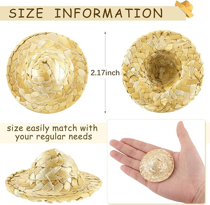 Chalyna 24 Pieces Mini Straw Hats for Crafts 2.1 Inch Mini Sombrero Tiny Dollhouse Miniature Straw Hats for Dolls Small Cowboy DIY Decorations Jewelry Accessories(24 Pieces)