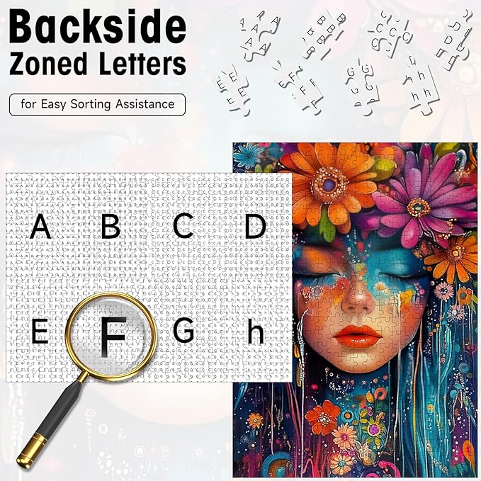 500 Piece Puzzles for Adults, Floral Art Woman Portrait Jigsaw Puzzle, Colorful Flower Decor Cardboard Puzzle with Letters on Back for Game Nights & Home Decor, 15×20 Inch