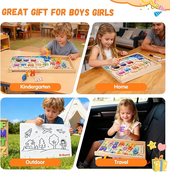 4-in-1 Magnetic Color and Number Maze Toys Box with Alphabet Puzzles Drawing Board, Wooden Storage Montessori Toy for 3-5 Year Old, Toddlers Educational Learning Toy Gifts for Kids Boys Girls