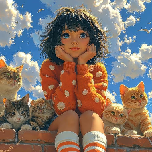 Whimsical Girl & Cats 1000 Piece Jigsaw Puzzle for Adults - Heartwarming Sky Scene with Fluffy Clouds, Poster & Lettered Back, 22.8" Square HD Quality, Unique Gift for Cat Lovers