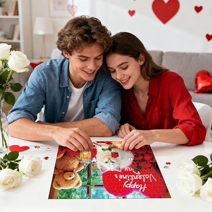 Sutinban Valentine 500 Piece Puzzle for Adults, White Cat Red Rose Bear Colorful Jigsaw Puzzle, Romantic Candlelight Greaty Family Game Sweet Heart Night Valentine Gifts for Man Woman Decor