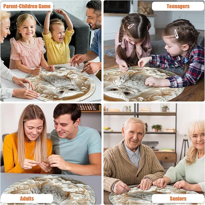 Owl Jigsaw Puzzles for Adults 1000 Pieces - Round Puzzle with 3D Stereo Visual Effect, Paper White Bird Animal Puzzles with Letters on Back, Challenging Hard Difficult Art Puzzle as Home Decor