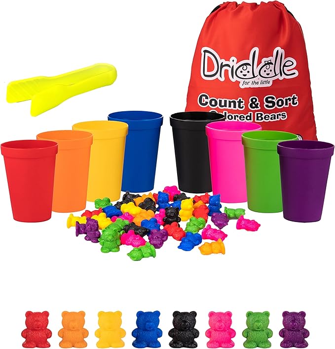 Driddle Colorful Counting Bears with Matching Cups - 80 Bears - Sort, Count & Color Recognition Learning Toy for Toddler & Kids - Montessori Education - Preschool Game