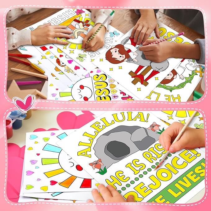 Zhanmai 30 Pcs Easter Craft Coloring Poster, Color Your Own Funny Religious Posters DIY He Lives Easter Crafts Bulk Religious Cross Butterfly Bible for Party Church Sunday Activities