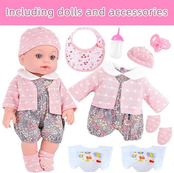 UZIDBTO Realistic Baby Doll Set in Gift Box - 12 Inch Newborn Alive Baby Doll with Accessories and Clothes with Pacifier Feeding Bottle Diapers Hat Bib Socks Stuff Gift Idea for Ages 3+