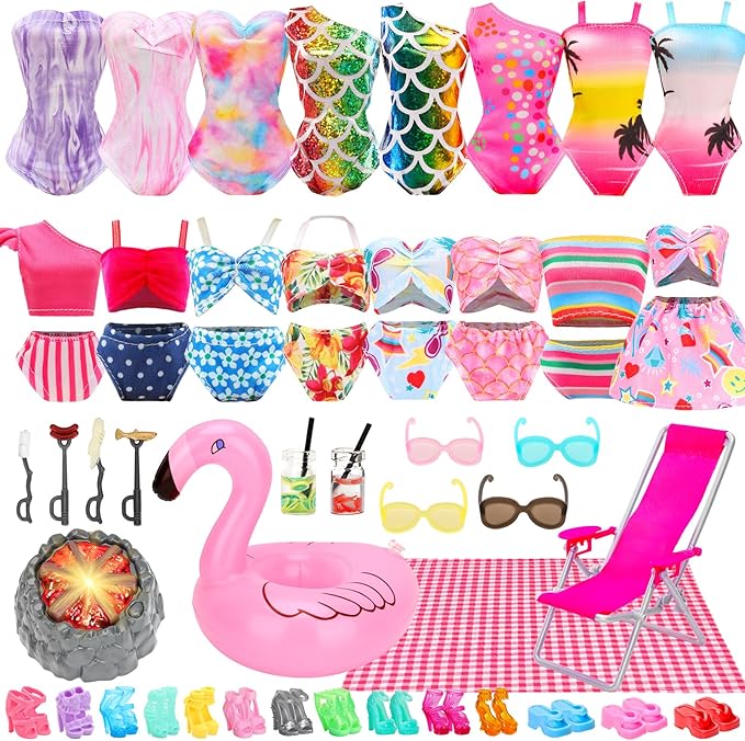 27 Pcs Doll Summer Doll Clothes & Accessories Including 5 Swimsuits 8 Pairs of Shoes Beach Chair Bonfire Swim Ring Summer Accessories for 11.5 Inch Girl Dolls Playset