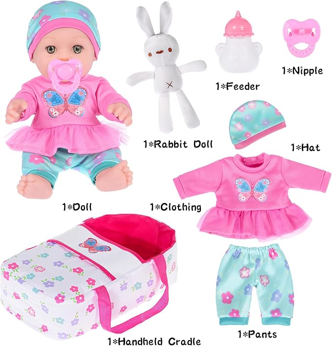 ebuddy 12 inch Baby Doll and Accessories-Reborn Baby Dolls Real Life Baby Dolls with 1 Sets Clothes,Carry Basket,Bunny Plush Toy,Pacifier, Bottle
