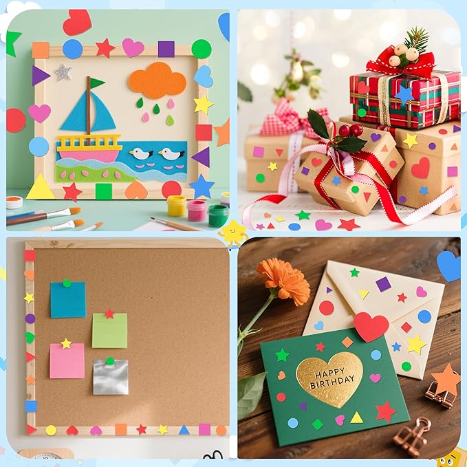 1600 Pcs Foam Stickers 16 Sheets Foam Shapes Sticker Self Adhesive,Star Sticker for Crafts Supplies Geometric Stickers for Crafts DIY Arts Project Star Heart Circle Triangle (16,Multicolor)