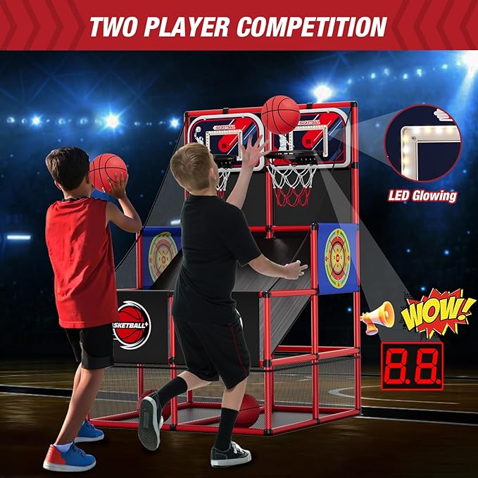 2 in 1 Dual Shot Basketball Arcade Game with 2 Dart Boards/Electronic Scoreboard/LED Light, Kids Basketball Hoop for Home Indoor Outdoor, Sport Toys for Boys Girls