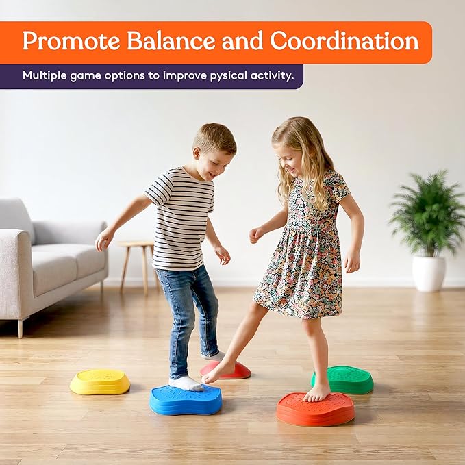 Special Supplies Stepping Stones for Kids, 5 Balance Indoor and Outdoor Blocks Promote Coordination, Balance, Strength, Child Safe Rubber, Non-Slip Edging, Stackable