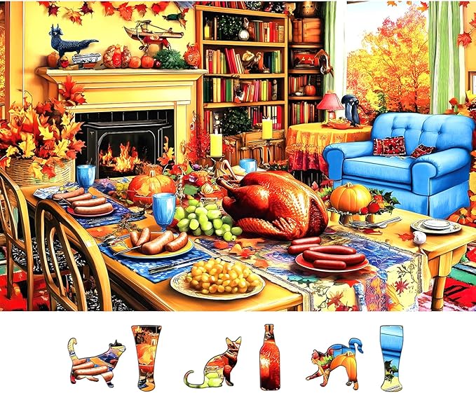 500 Pieces Thanksgiving Dinner Puzzle for Adults Autumn Living Room Scene with Roast Turkey & Fall Thanksgiving Table Decorations Cozy Holiday Family Game Gift - 23x15 Inch