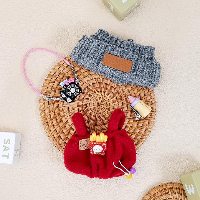Doll Clothes for 17cm Dolls, Soft Knit Hat, Cozy Overalls, Camera, Bottle & Cute Accessories (No Doll) (Red)