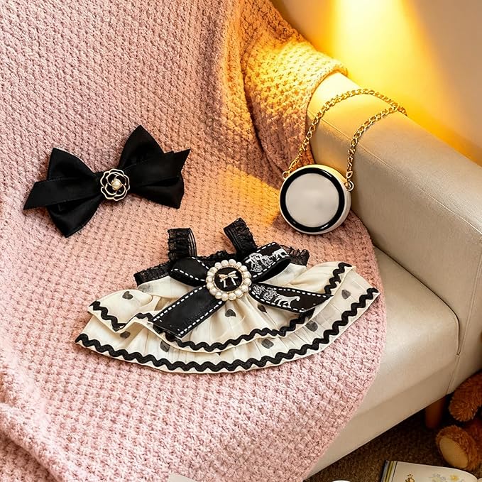 Doll Clothing Set (No Doll), Cute Bow, Crossbody Bag, Dress, Suitable for 15-17cm Dolls, Outfit Accessory Set for Unique Styling (Black-B)