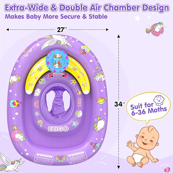 EZIGO Baby Pool Float with Canopy UPF50+ Sun Protection, Inflatable Kids Pool Floats with Ocean Animal Toys for Baby 6-36 Months, Infant Swimming Float with Adjustable Safety Seat for Boys Girls