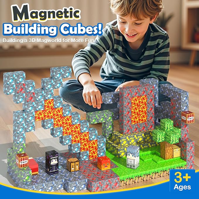 Soyee Magnetic Blocks - Build Mine Magnet World Forest Mine Set Magnet Building Blocks Kids Toys for 3+ Year Old Boys & Girls 1'' Magnetic Cubes STEM Sensory Building Toys Kids Game Xmas Gifts