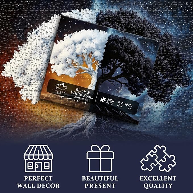 PICKFORU Tree of Life Puzzles for Adults 1000 Pieces, Fantasy Plant Black and White Puzzle, Nature Starry Night Galaxy Yingyang Jigsaw Puzzle Challenge