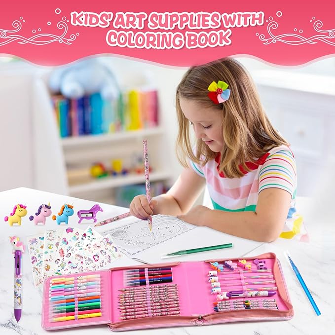 CozyJoyz Unicorn Washable Marker Set, 59 Pcs Arts and Crafts Coloring Set for Kids, Drawing Art Supplies Birthday Gifts for Girls Toys 4-9 Year Old (Pink)