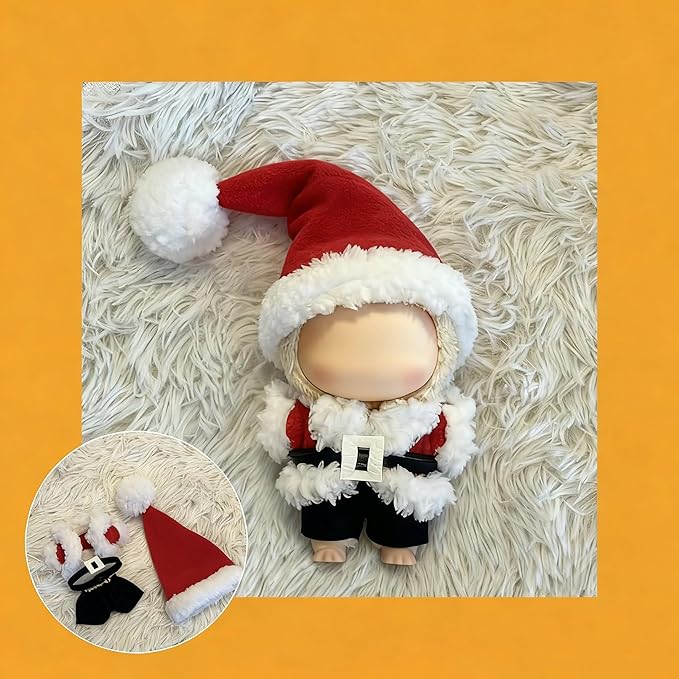 Christmas Clothes for LABUBU 17cm Doll (NO Doll) - 4 Set Handmade Crochet Holiday Outfit with Santa Hat, Top, Black Belt & Cute Pants Accessories (Santa Claus)
