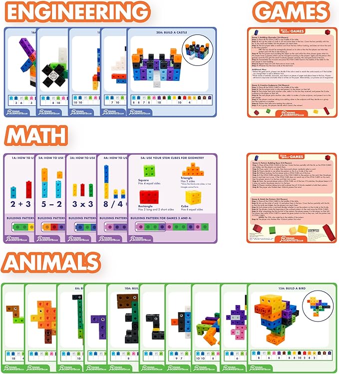 The Young Scientists Club STEM Cubes, Build, Learn & Create with 100+ Math Cubes Manipulatives, 4-in-1 Educational Games, Math Cubes for Kids Ages 4-8, Awesome Learn Through Play Toys