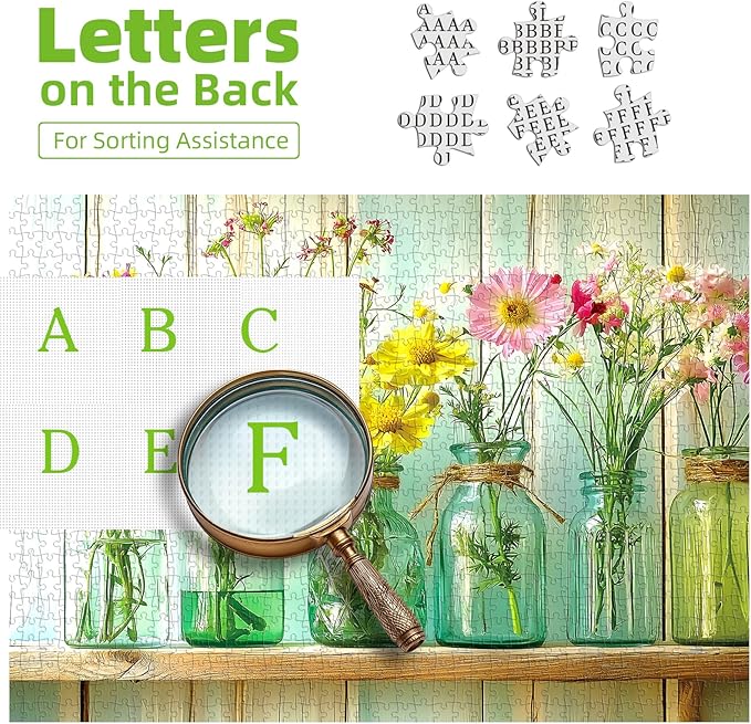 Floral Vintage Glass Jars Jigsaw Puzzle 500 Pieces for Adults Wildflower Bouquet Flowers Puzzle with Letters on Back Fun Challenge Puzzle for Game Night for Seniors & Family（23x15 Inch）