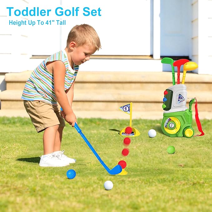 Toddler Golf Set, Kids Golf Set for Ages 1 2 3 4 5 Years Old Boys Girls with 4 Plastic Golf Clubs 10 Balls, Indoor Outdoor Baby Toddler Golf Clubs Set Toy with Cart Sport Toy Birthday Gifts Green