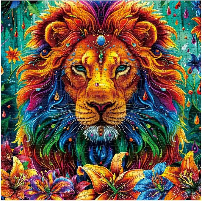Colorful Lion King Flower Jigsaw Puzzle 1000 Piece for Adult, Art Rainbow Animal Funny Jigsaw Puzzles, Nature Cool Aesthetic Puzzle