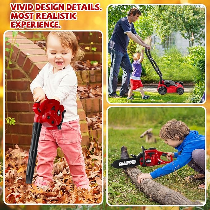 3 Pcs Toy Gardening Tool Set for Kids Toy Leaf Blower Chainsaw Push Lawn Mower Pretend Set with Lights and Sounds Christmas Birthday Gifts for Boys Girls