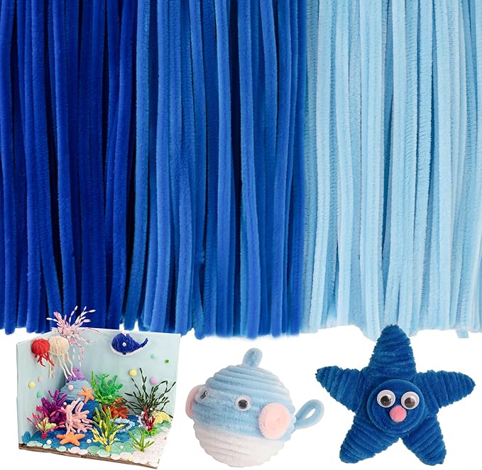 Caydo 300 Pieces Blue Pipe Cleaners, Thick Fluffy Chenille Stems, Pipe Cleaner Crafts for Arts & Crafts, Perfect for Making Animals, Flowers, and Mother's Day Decorations