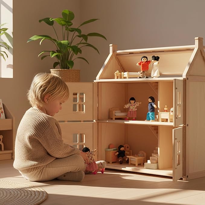 PlanToys® Family Wooden Dollhouse Figurine Set | 4 Poseable 1:12 Scale Mini Dolls (Parents & Kids) | Dollhouse Accessories for Pretend Play | Eco-Friendly Montessori Toy for Kids Ages 3+