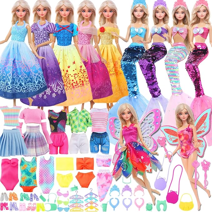 42 Pcs 11.5 inch Doll Clothes & Accessories, 2 Princess Dresses 2 Sequin Fishtail Swimsuits 2 Tops 1 Skirt 1 Pants 3 Bikini 1 Butterfly Wing Clothing, Doll Hangers Shoes ... for Girls Gift Age 3-6 5-7