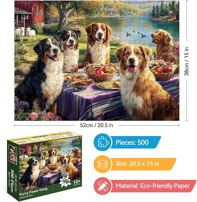 500 Piece Jigsaw Puzzle for Adults – Five Dogs Lakeside Picnic Jigsaw Puzzles 500 Pieces, Spring Nature Animal Puzzles for Adults 500 Pieces, Challenging Perfect for Game Nights, 20.5 X 15 in
