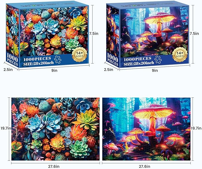 2 Pack Puzzles for Adults 1000 Pieces-Succulents and Mushrooms Difficult Jigsaw Puzzles for Adults,Hard Jigsaw Puzzle Decorations DIY Leisure Game Toy Suitable Family Friends(27.5x20 inches)