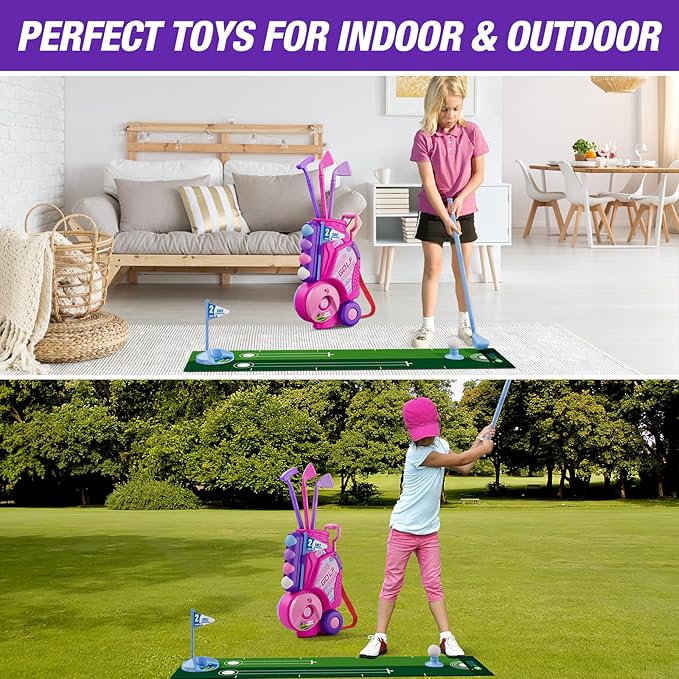Toddler Golf Set 2-4 Years, Upgraded Kids Plastic Golf Clubs with 12 Balls, Putting Mat, Shoulder Strap, Indoor Outdoor Game Sport Toys Gift for Baby Boys Girls Aged 3-5, Pink